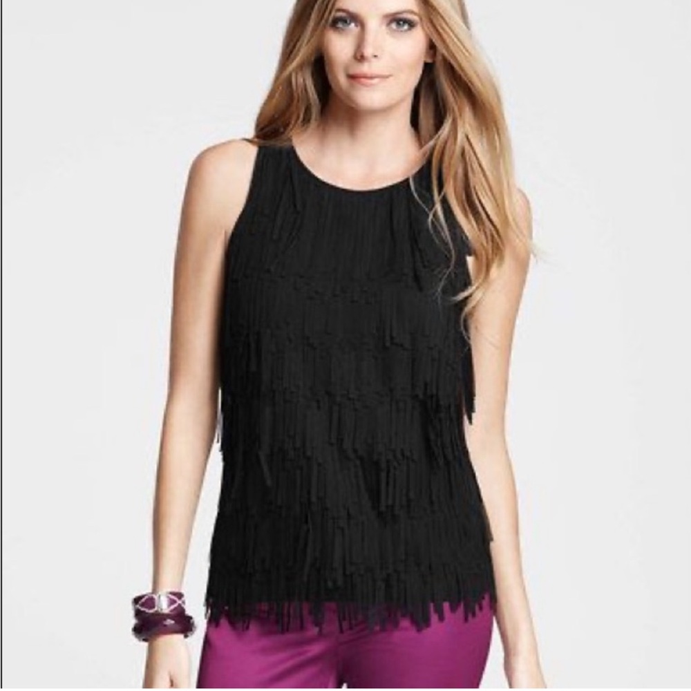 Ann Taylor black fringe blouse size 12 sleeveless round neck back button close